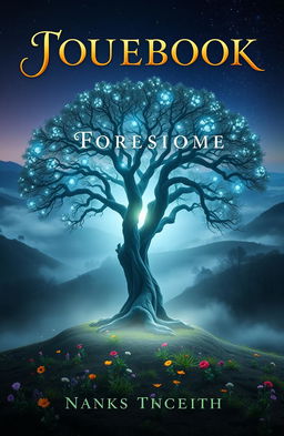 A visually striking book cover design featuring a mystical forest shrouded in fog