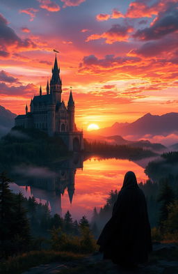 A fantasy scene depicting a grand castle overlooking a serene lake at sunset