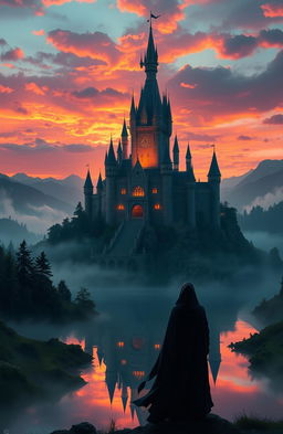 A fantasy scene depicting a grand castle overlooking a serene lake at sunset