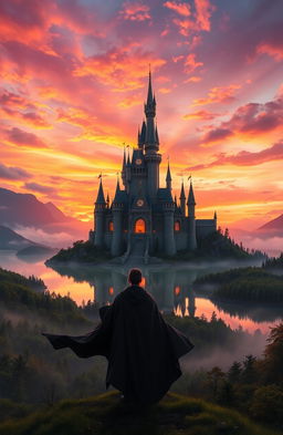 A fantasy scene depicting a grand castle overlooking a serene lake at sunset
