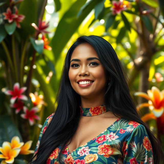 A beautiful local Malay woman named Melati, depicted with large breasts and golden brown skin, showcasing the stunning features typical of a tropical setting