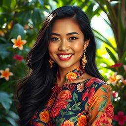 A beautiful local Malay woman named Melati, depicted with large breasts and golden brown skin, showcasing the stunning features typical of a tropical setting