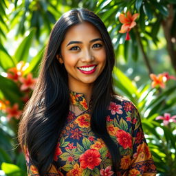 A beautiful local Malay woman named Melati, depicted with large breasts and golden brown skin, showcasing the stunning features typical of a tropical setting
