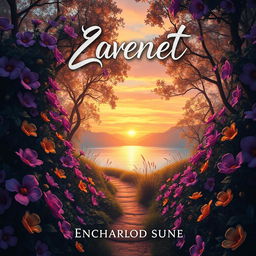An enchanting book cover design featuring a dreamlike, enchanted forest filled with vibrant, oversized flowers in hues of purple and gold