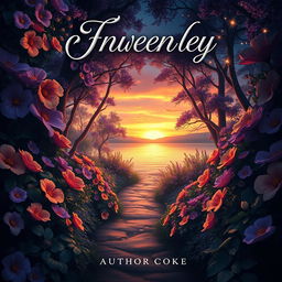 An enchanting book cover design featuring a dreamlike, enchanted forest filled with vibrant, oversized flowers in hues of purple and gold