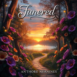 An enchanting book cover design featuring a dreamlike, enchanted forest filled with vibrant, oversized flowers in hues of purple and gold