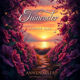 An enchanting book cover design featuring a dreamlike, enchanted forest filled with vibrant, oversized flowers in hues of purple and gold