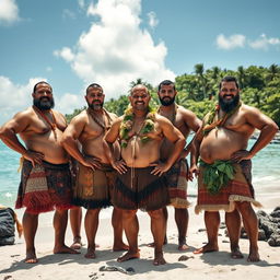 A striking image of strong Cook Islands men, showcasing their muscular builds and cultural pride