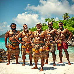 A striking image of strong Cook Islands men, showcasing their muscular builds and cultural pride