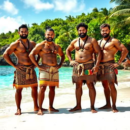 A striking image of strong Cook Islands men, showcasing their muscular builds and cultural pride