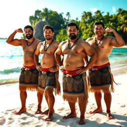 An impressive image of strong Cook Islands men showcasing their muscular builds while wearing traditional loincloths