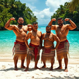 An impressive image of strong Cook Islands men showcasing their muscular builds while wearing traditional loincloths