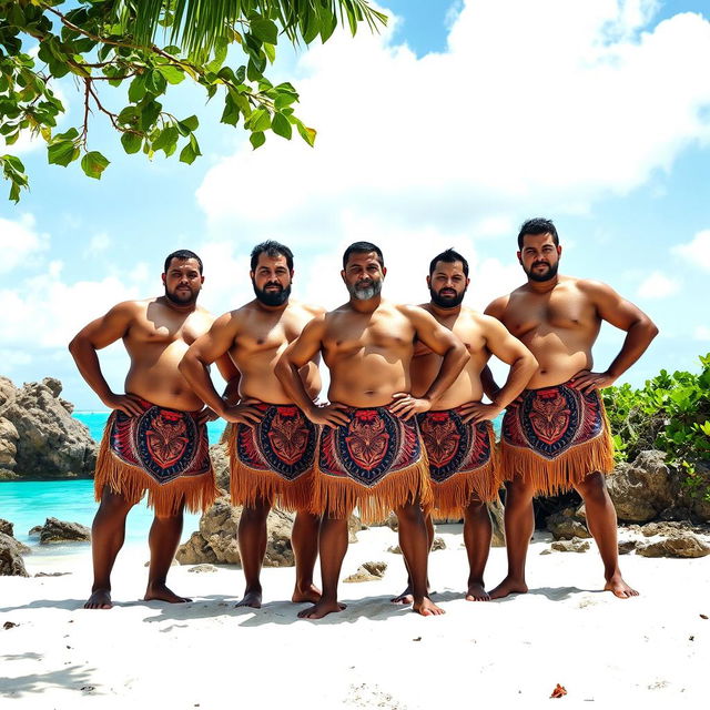 An impressive image of strong Cook Islands men showcasing their muscular builds while wearing traditional loincloths