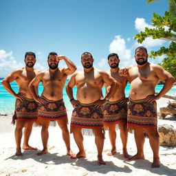 An impressive image of strong Cook Islands men showcasing their muscular builds while wearing traditional loincloths