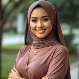 A beautiful fit Malay woman wearing a tudung, displaying a captivating mix of Malay and European features