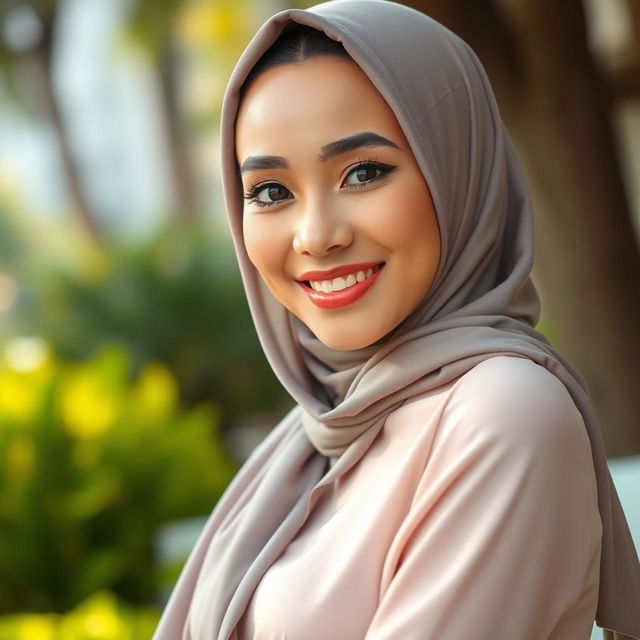 A beautiful fit Malay woman wearing a tudung, displaying a captivating mix of Malay and European features