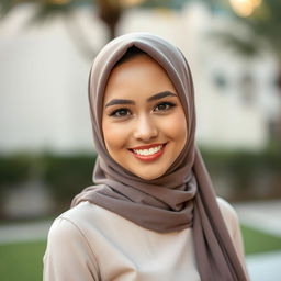 A beautiful fit Malay woman wearing a tudung, displaying a captivating mix of Malay and European features