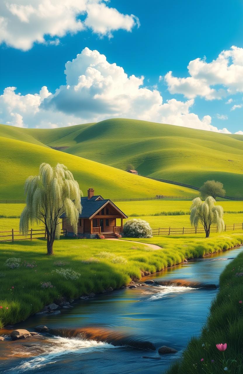 A serene and beautiful landscape depicting a peaceful rural scene, with rolling green hills, a bright blue sky dotted with fluffy white clouds, and a picturesque wooden cottage surrounded by blooming flowers