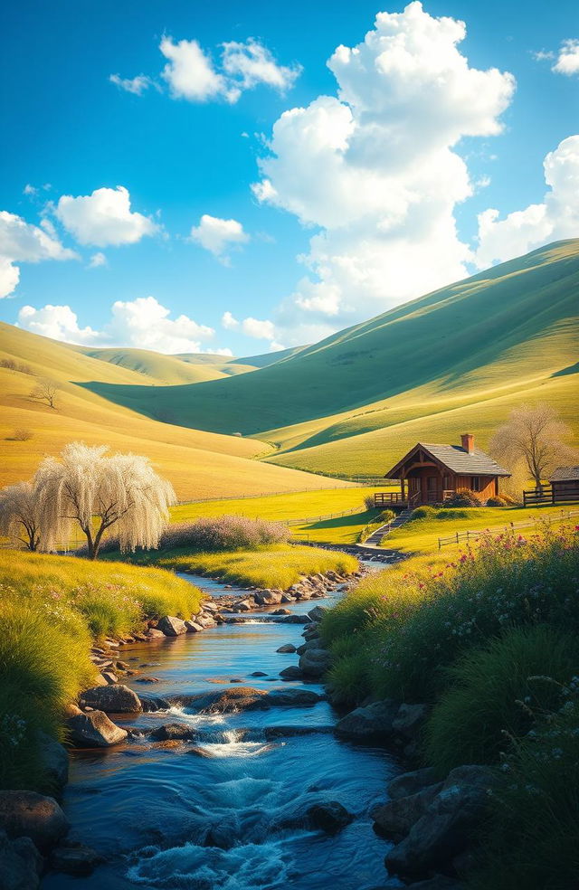 A serene and beautiful landscape depicting a peaceful rural scene, with rolling green hills, a bright blue sky dotted with fluffy white clouds, and a picturesque wooden cottage surrounded by blooming flowers