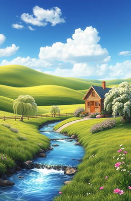 A serene and beautiful landscape depicting a peaceful rural scene, with rolling green hills, a bright blue sky dotted with fluffy white clouds, and a picturesque wooden cottage surrounded by blooming flowers