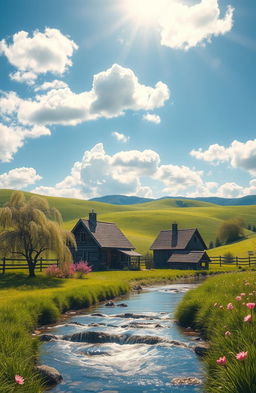 A serene and beautiful landscape depicting a peaceful rural scene, with rolling green hills, a bright blue sky dotted with fluffy white clouds, and a picturesque wooden cottage surrounded by blooming flowers