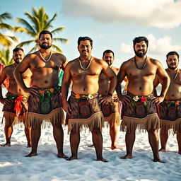 An impressive image of strong Tongan men showcasing their muscular physiques while wearing traditional loincloths