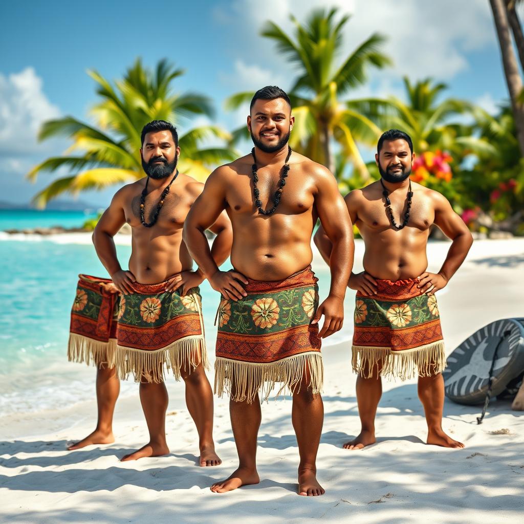 An impressive image of strong Tongan men showcasing their muscular physiques while wearing traditional loincloths