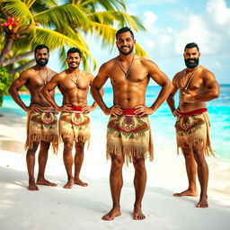 An impressive image of strong Tongan men showcasing their muscular physiques while wearing traditional loincloths