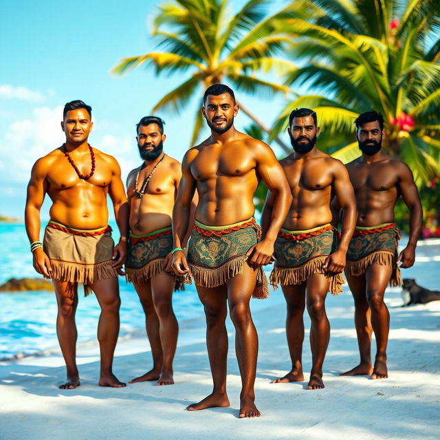 An impressive image of strong Tongan men showcasing their muscular physiques while wearing traditional loincloths