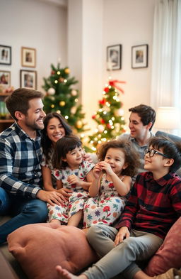 A warm scene of a happy family gathered together in a cozy living room