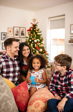 A warm scene of a happy family gathered together in a cozy living room