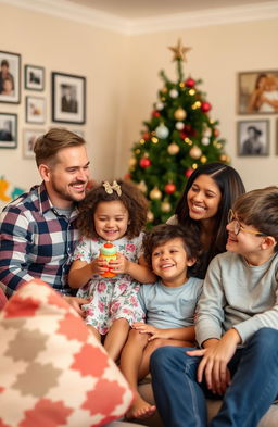 A warm scene of a happy family gathered together in a cozy living room
