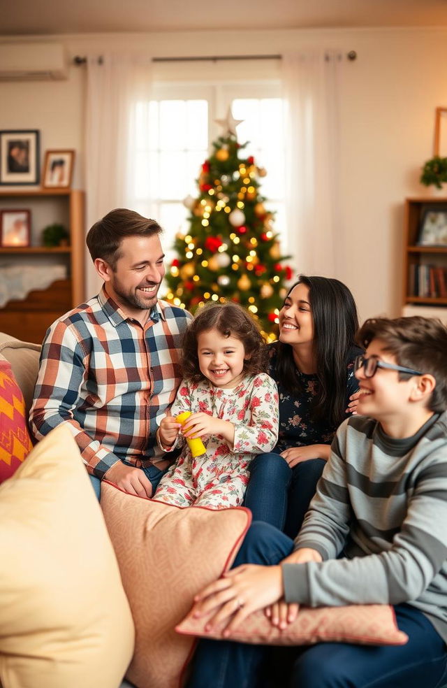 A warm scene of a happy family gathered together in a cozy living room