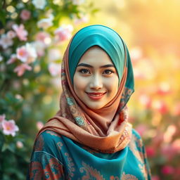A stunningly beautiful woman wearing a stylish and elegant tudung (headscarf), blending traditional and modern fashion elements, with intricate patterns and textures