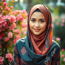 A stunningly beautiful woman wearing a stylish and elegant tudung (headscarf), blending traditional and modern fashion elements, with intricate patterns and textures