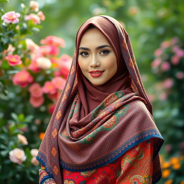 A stunningly beautiful woman wearing a stylish and elegant tudung (headscarf), blending traditional and modern fashion elements, with intricate patterns and textures