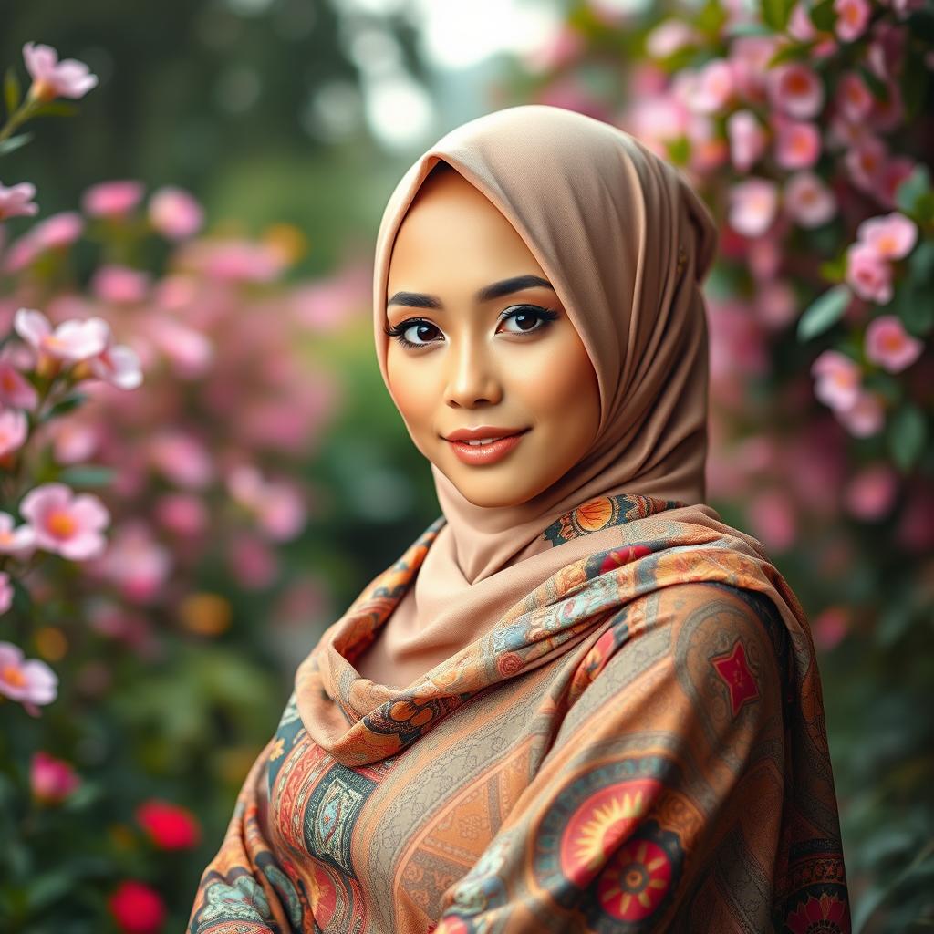 A stunningly beautiful woman wearing a stylish and elegant tudung (headscarf), blending traditional and modern fashion elements, with intricate patterns and textures