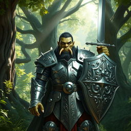 A resolute half-orc paladin standing in a verdant forest clearing, exuding strength and nobility