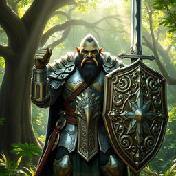 A resolute half-orc paladin standing in a verdant forest clearing, exuding strength and nobility