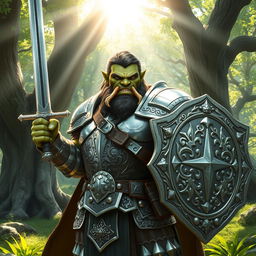 A resolute half-orc paladin standing in a verdant forest clearing, exuding strength and nobility