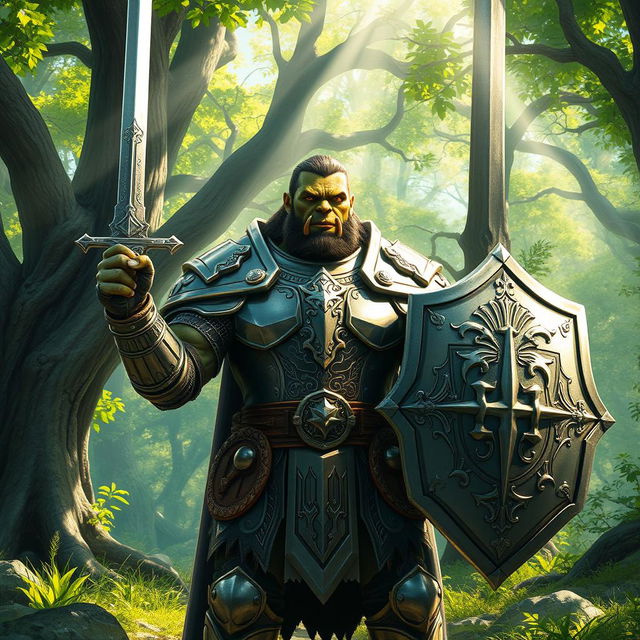 A resolute half-orc paladin standing in a verdant forest clearing, exuding strength and nobility