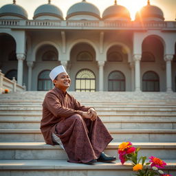 A Malay man sitting on the steps of a mosque, dressed in traditional attire with aong