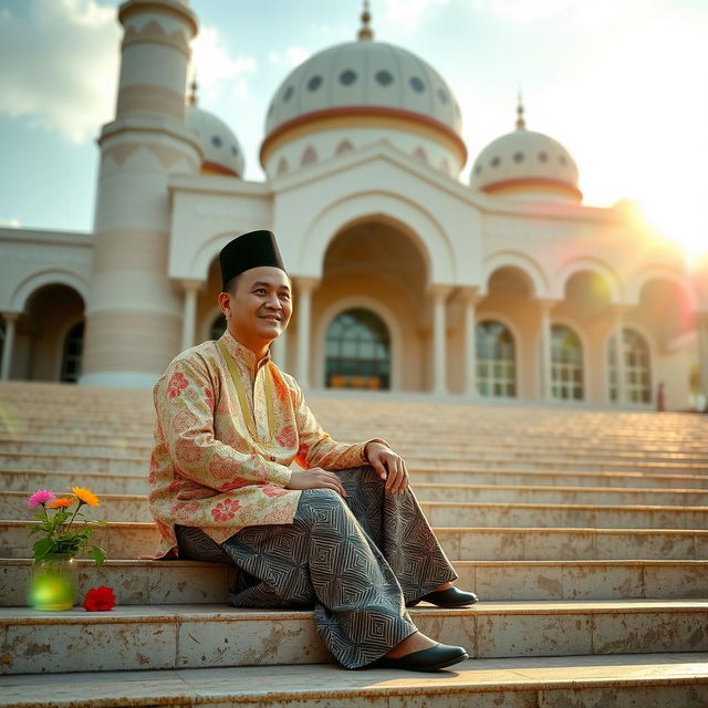 A Malay man sitting on the steps of a mosque, dressed in traditional attire with aong