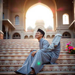 A Malay man sitting on the steps of a mosque, dressed in traditional attire with aong