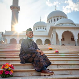 A Malay man sitting on the steps of a mosque, dressed in traditional attire with aong