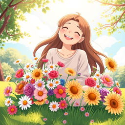 A serene and uplifting illustration of a person radiating happiness and love, surrounded by a vibrant bouquet of flowers