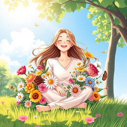 A serene and uplifting illustration of a person radiating happiness and love, surrounded by a vibrant bouquet of flowers