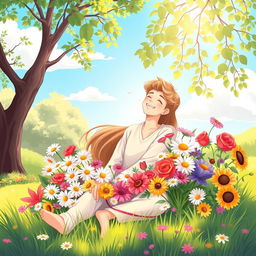 A serene and uplifting illustration of a person radiating happiness and love, surrounded by a vibrant bouquet of flowers