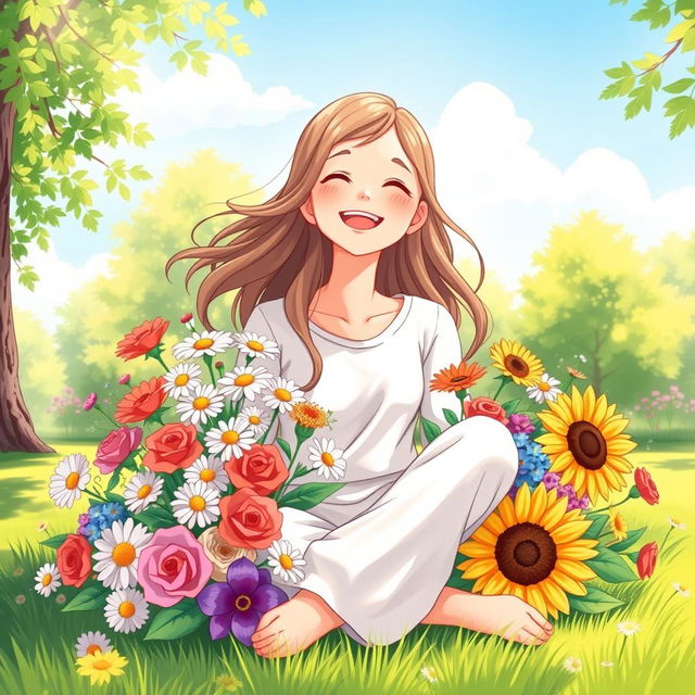 A serene and uplifting illustration of a person radiating happiness and love, surrounded by a vibrant bouquet of flowers