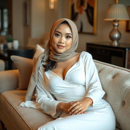 A beautiful Malay girl wearing a sexy white dress and a hijab, lounging comfortably on a plush sofa